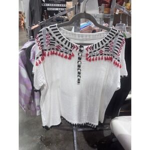 Johnny Was White Cotton Gauze Embroidered Tassel Boho Top Size Small